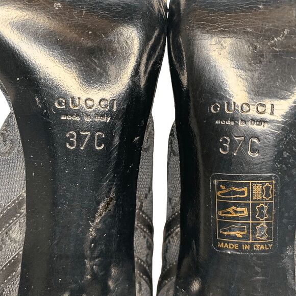 Gucci Black Monogram D’Orsay Heels Size 37C Gold Horsebit Chain Detail Authentic - Picture 12 of 12